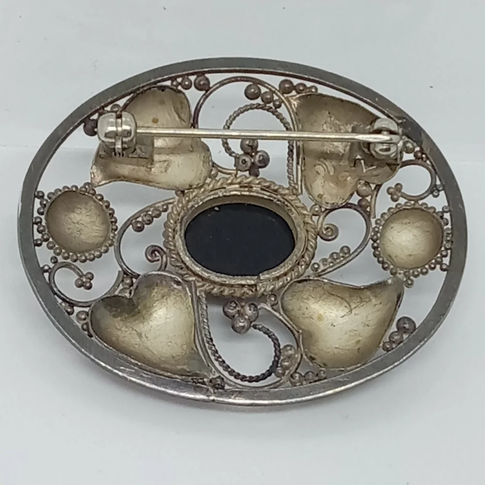* vintage antique 925 sterling silver hearts with black stone pin brooch